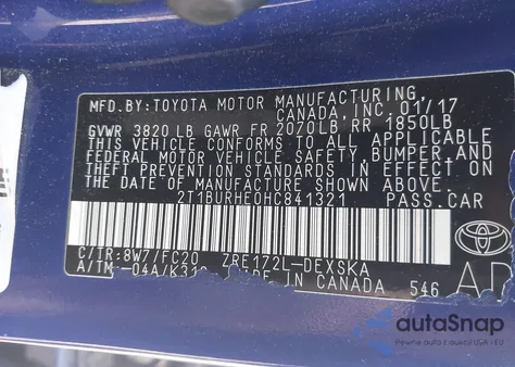 2017 Toyota Corolla Se z USA, uszkodzony, nr VIN 2T1BURHE0HC841321